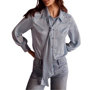 CAbi Womens Margot Blouse Striped Button Up Satin Shirt Neck Tie sz S Blue White